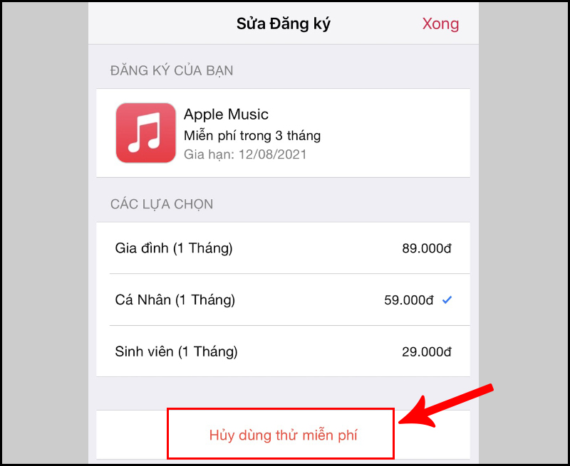 Nhấn chọn Hủy d&ugrave;ng thử miễn ph&iacute;